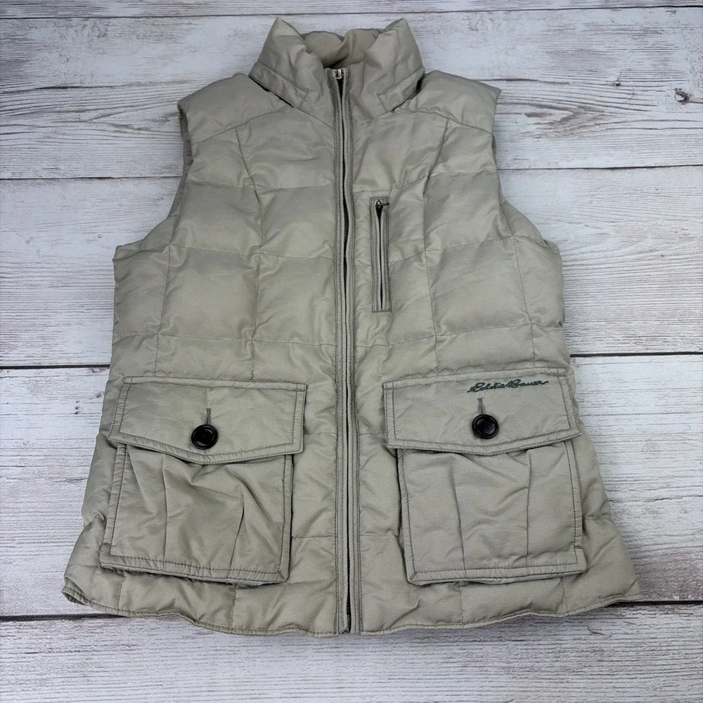 Eddie Bauer Women's Petite XS Goose Down Puffer Vest Taupe Full Zip Safari